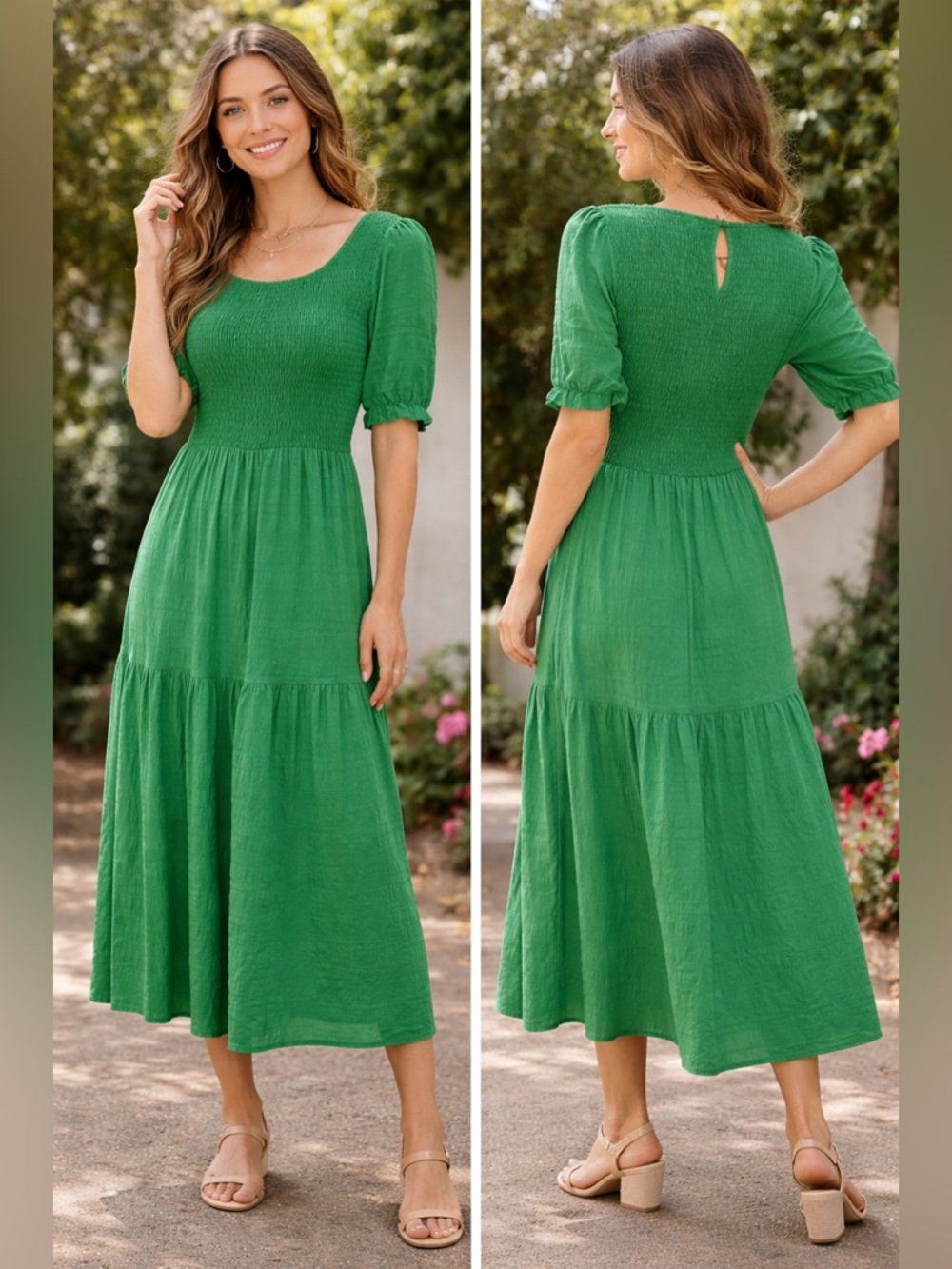 Boho Green Smocked Maxi Dress - Puff Sleeve Tiered Long Dress - Size S